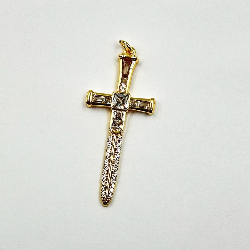 Подвеска Крестик с фианитами цвет золото 13*38мм